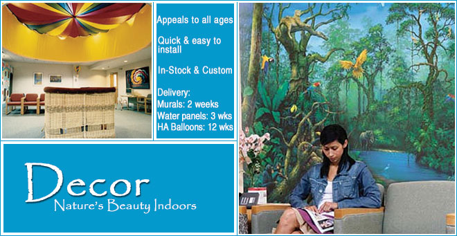 Children's waiting rooms: mock hot air balloon ceiling decorations, wallpaper murals, water panels, custom decor