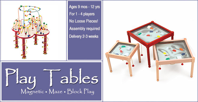Waiting room toys: play tables, bead maze tables, magnetic play tables, magnetic sand tables, building block tables, educational play tables, commercial quality play tables for children